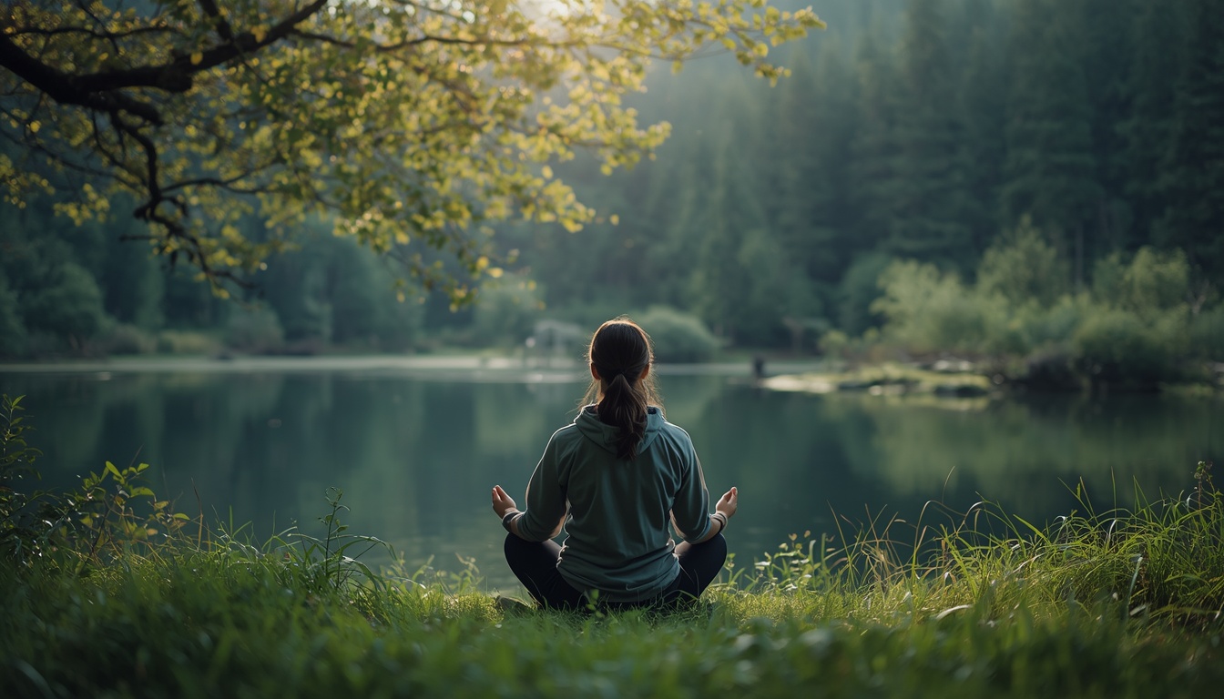 Person practicing relaxation in peaceful natural environment
